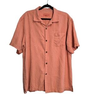 Tommy Bahama Mens L Silk Shirt Coral Pink Jacquard Palm Leaf Original Fit Camp
